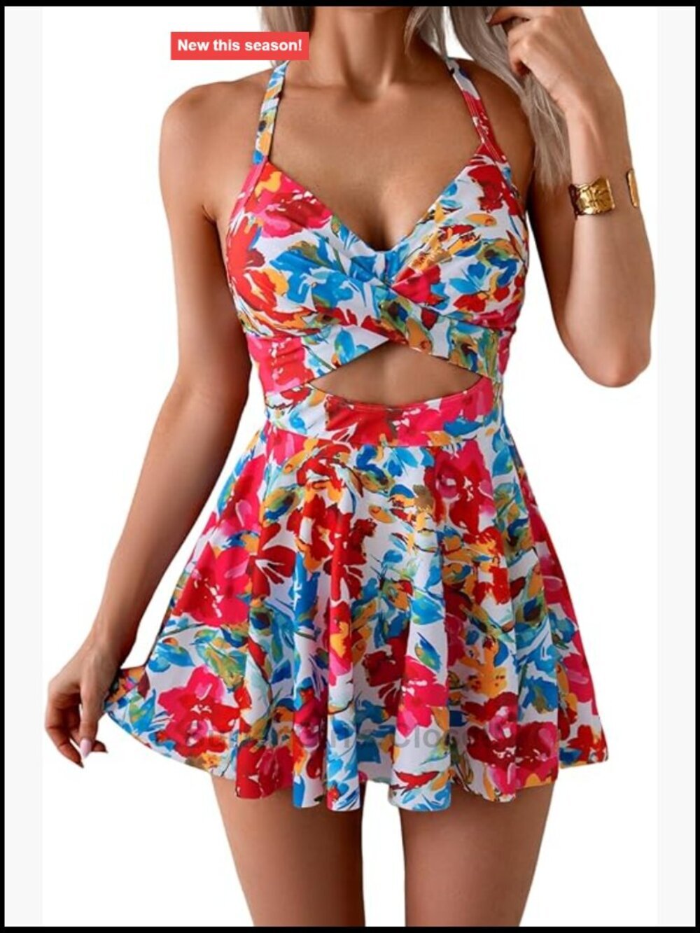 Women's Cutout One Piece Skirt Swimsuit V Neck Wrap Tie Back Swimdress Tummy